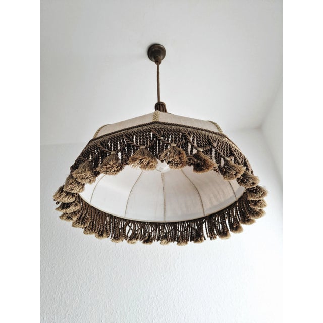 Vintage 60s Boho Handmade Macrame Fringing Linen Pendant Lamp With Handwoven Tassel For Sale - Image 6 of 11