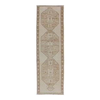 Vintage Turkish Oushak Wide Runner With Three Geometric Medallions in Neutral Colors For Sale