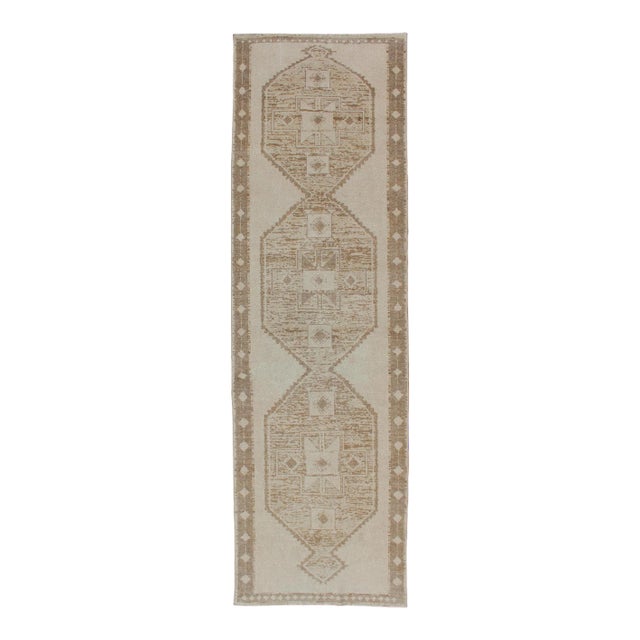 Vintage Turkish Oushak Wide Runner With Three Geometric Medallions in Neutral Colors For Sale