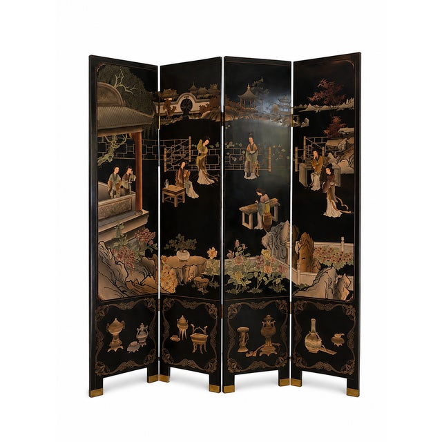 1960s Asian Coromandel-Style Black Lacquer Double-Sided Four-Panel Folding Screen For Sale - Image 17 of 17