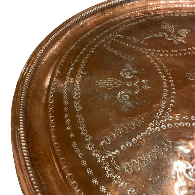 Boho Chic Large Late 20th Century Turkish Cooper Tray Stamped Engraved For Sale - Image 3 of 12
