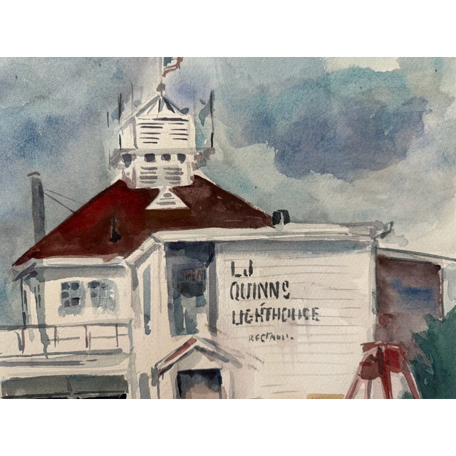 Nautical Marie Guella Signed Original Watercolor Painting Lighthouse Harbor Nautical Scene For Sale - Image 3 of 8