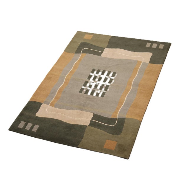 6'x9' Hand-Knotted Modern Arts & Crafts Wool & Silk Geometric Rug in Green, Yellow & Ivory For Sale In Los Angeles - Image 6 of 10