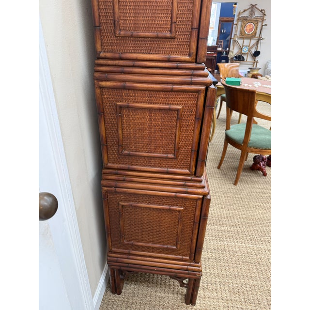 Wood British Colonial Style Woven Rattan and Faux Bamboo Cabinet That Converts to a Secretary, C 1970's For Sale - Image 7 of 11