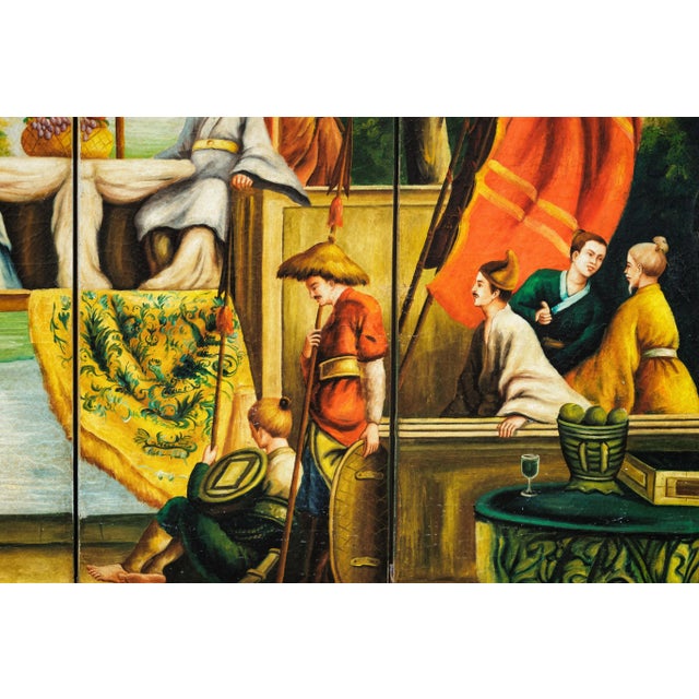 Evocative of chinoiserie fantasy and colonial-era visual storytelling, this vintage hand-painted four-panel screen...