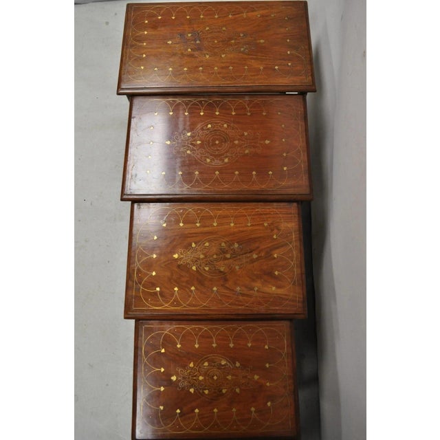Antique Anglo Indian Brass Marquetry Inlay Nesting Side End Tables - Set of 4 For Sale - Image 11 of 12