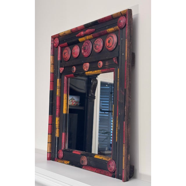 Vintage Tribal Folk Art Painted Wood Wall Mirror in Black, Red & Yellow For Sale - Image 4 of 13