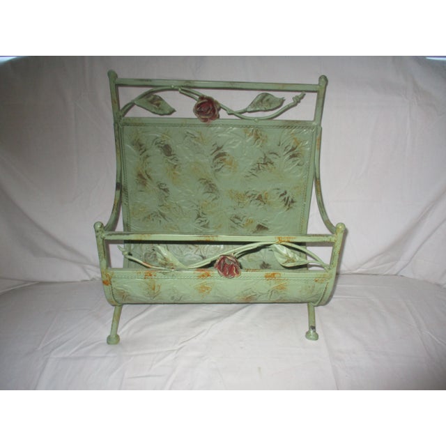 Asparagus 1960s Vintage French Country Romantic Green Metal With Roses Magazine Rack For Sale - Image 8 of 8