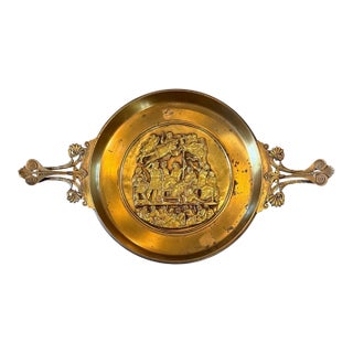 Antique French Empire Brass Tazza — Classical Apotheosis Relief Medallion — Torch Handles — Greek Key Rim — Footed Pedestal — 22.5 Inches For Sale
