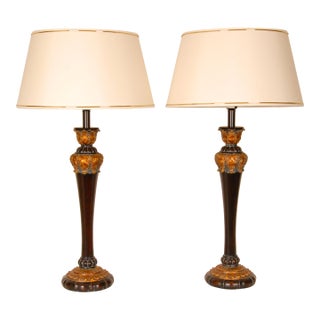 Vintage French Table Lamps Pair – Brown Gold Baroque Décor Lighting 1980s For Sale