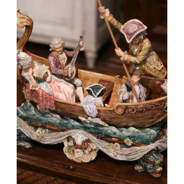 Rococo Early 20th Century French Barbotine Venetian Boat Figural Centerpiece For Sale - Image 3 of 13