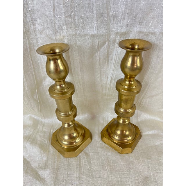 Pair of Vintage Solid Brass Candlesticks – Georgian Colonial Style With Octagonal Bases For Sale In Portland, OR - Image 6 of 10