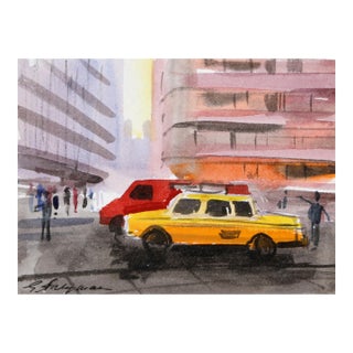 Nyc Taxi, Erik Freyman Watercolor on Paper, Signed in Pen For Sale