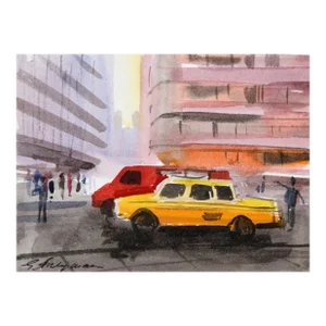 Nyc Taxi, Erik Freyman Watercolor on Paper, Signed in Pen