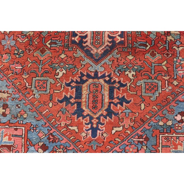 Early 20th Century Antique Persian Heriz Rug in Wool With Geometric Medallion Design in Jewel Tones For Sale - Image 9 of 13