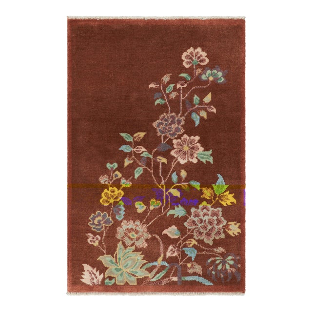 Rug & Kilim’s Chinese Art Deco Style Rug in Brown With Floral Patterns For Sale