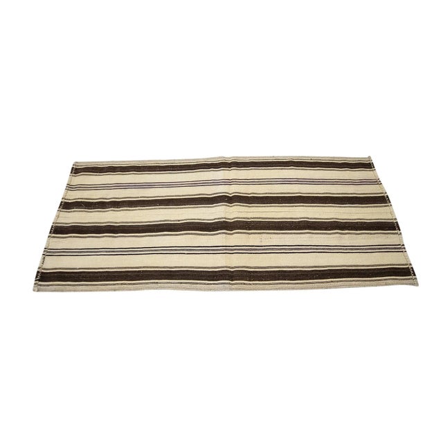Mid 20th Century Ivory & Brown Striped Vintage Kilim Rug For Sale - Image 4 of 7