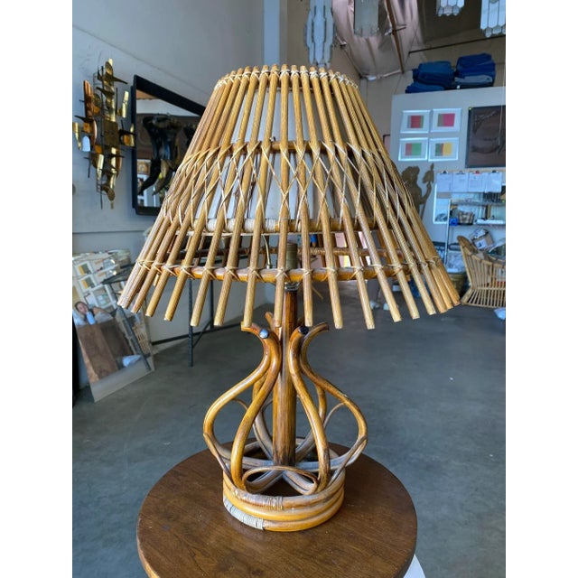 1950s Restored Modernist Stacked Stick Reed Rattan Organic Table Lamp with Stick Rattan Shade For Sale - Image 4 of 9