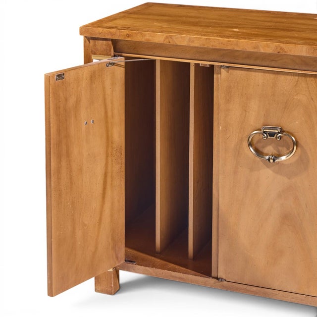 Wood American of Martinsville Mid Century Walnut, Burlwood and Brass Credenza For Sale - Image 7 of 11