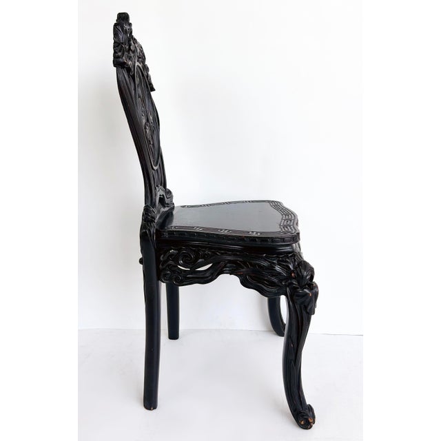Early 20th Century Chinese Heavily Carved Ebonized Chair With Art Nouveau Influence, Greek Key Trim For Sale - Image 10 of 15