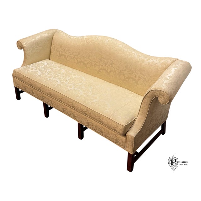 Vintage Chippendale Style Mahogany Frame Camel Back Ivory Damask Print Upholstered Sofa For Sale In Greensboro - Image 6 of 10