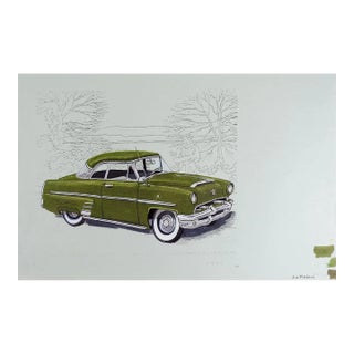 Vintage Mid 20th Century Green Car Watercolor Painting For Sale