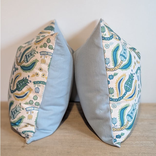 Schumacher Malabar Vine Pillows in peacock featured fun shades of blue, green, teal and yellow. Such a playful happy...