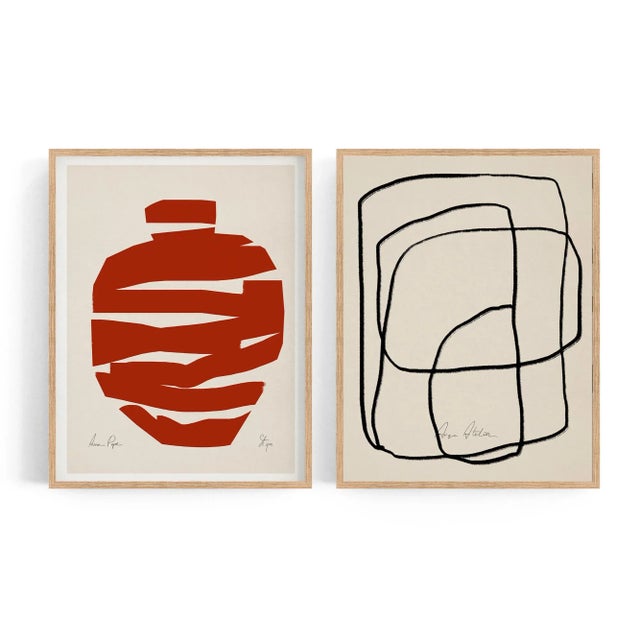 Set of 2 abstract open edition giclee prints. 20"x28" Elegant black line geometrical forms and red vessel drawing on beige...