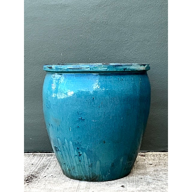 Late 20th Century Vintage Blue Glazed Ceramic Planter For Sale - Image 5 of 12