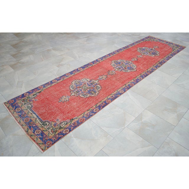 1970s Traditional Ottoman Design Distressed Oushak Runner Rug Faded Colors Low Pile - 3'3″ X 12' For Sale - Image 5 of 15