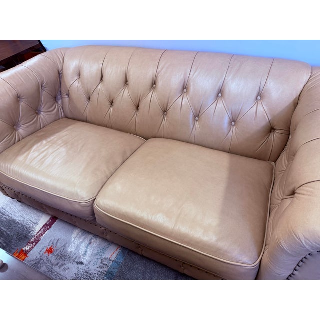 Bernhardt Bernhardt Tan Leather Tufted Chesterfield Loveseat Sofa For Sale - Image 4 of 8