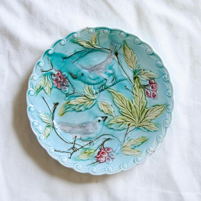 Antique French Barbotine Bird Plates, 1875, Set of 3 For Sale - Image 9 of 11