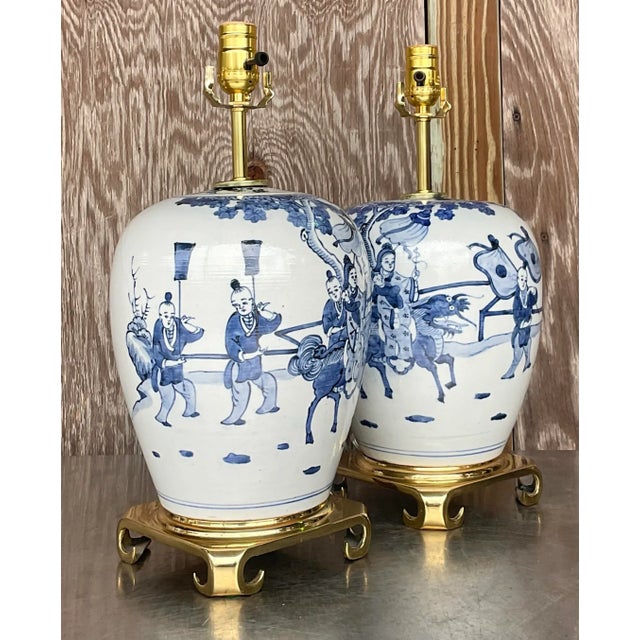 Vintage Asian Blue and White Pastoral Glazed Ceramic Lamps - a Pair For Sale - Image 4 of 5