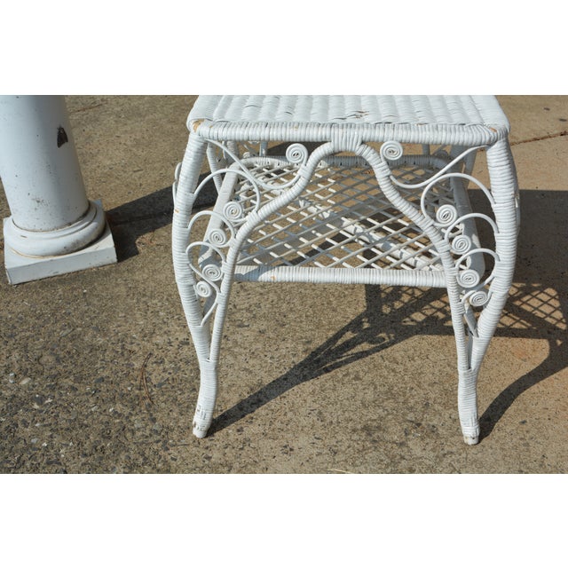 Mediterranean Vintage Square White Wicker End / Side Table W/ Fiddlehead Scroll Work & Lower Shelf For Sale - Image 3 of 14