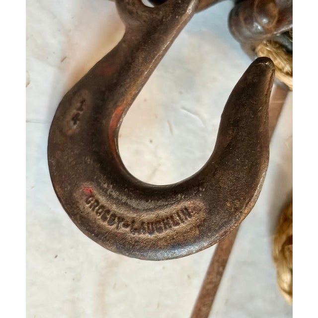 Antique Industrial Block and Tackle Manual Pulley and 50 Foot Rope Rigging System- Farm, Marine, Industrial For Sale In Phoenix - Image 6 of 7