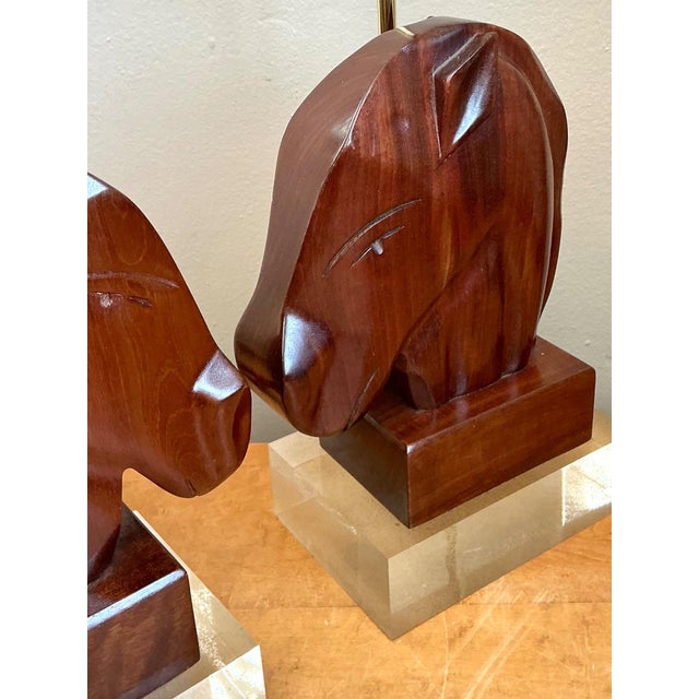 Vintage Carved Wood Horse Lamps on Lucite Base - A Pair For Sale - Image 9 of 17