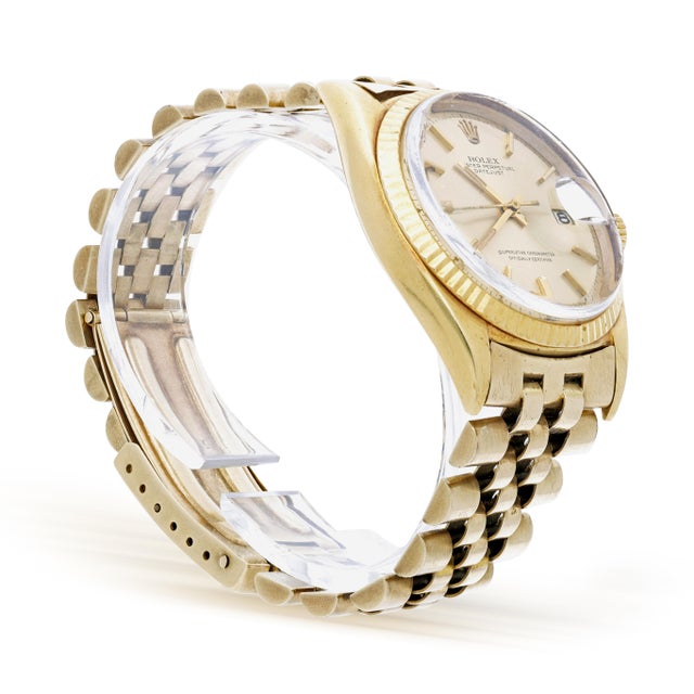 Contemporary Vintage Rolex Datejust 1601 14k Yellow Gold Pie Pan Dial Jubilee Bracelet Watch For Sale - Image 3 of 15