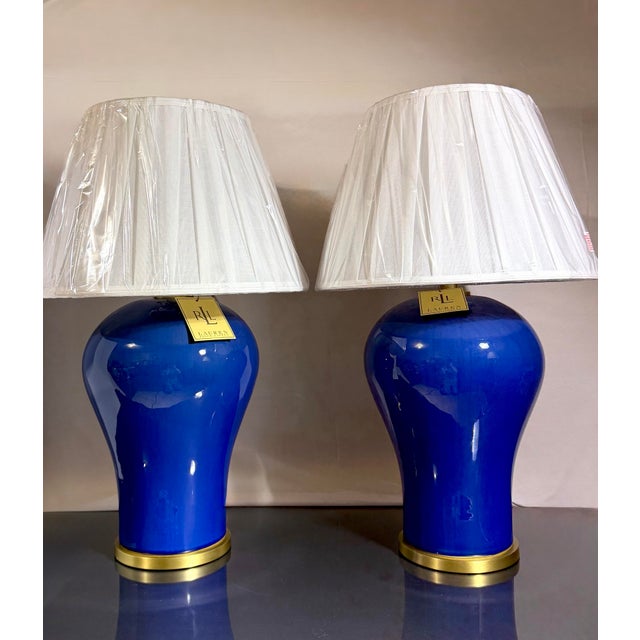 Lauren Ralph Lauren Giant Pair of Ralph Lauren Cobalt Blue Ceramic Lamps For Sale - Image 4 of 5