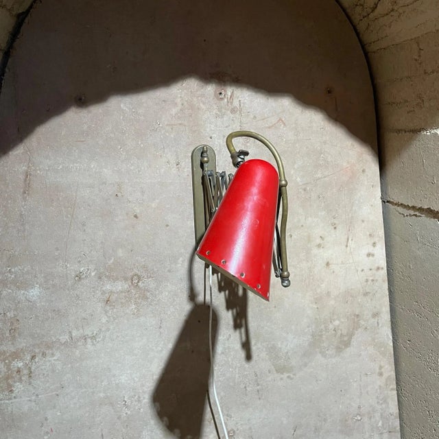 1950s Italian Wall Sconce Red Scissor Lamp Patinated Brass Italy For Sale - Image 9 of 12