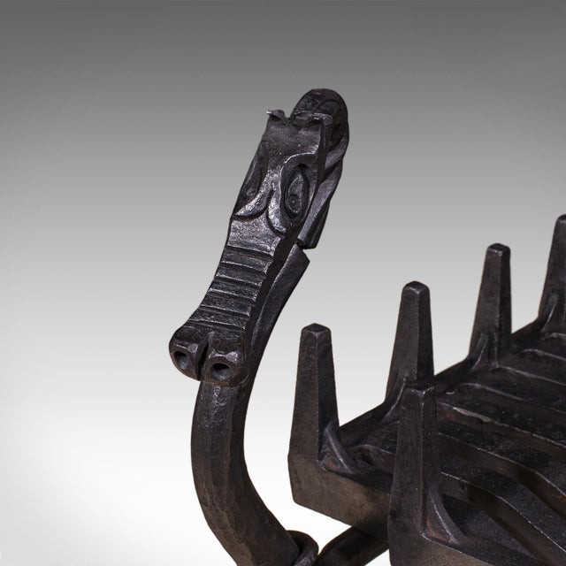 Metal Antique Dragon Motif Fireplace Set, English, Fire Basket, Andirons, Edwardian For Sale - Image 7 of 12