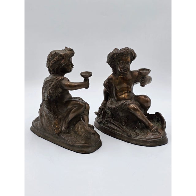 Gourgeous Set of 2 French Bronze Sculpture by E. Rossy ,Putti Cherubs Holding a Wine Cup For Sale - Image 4 of 18