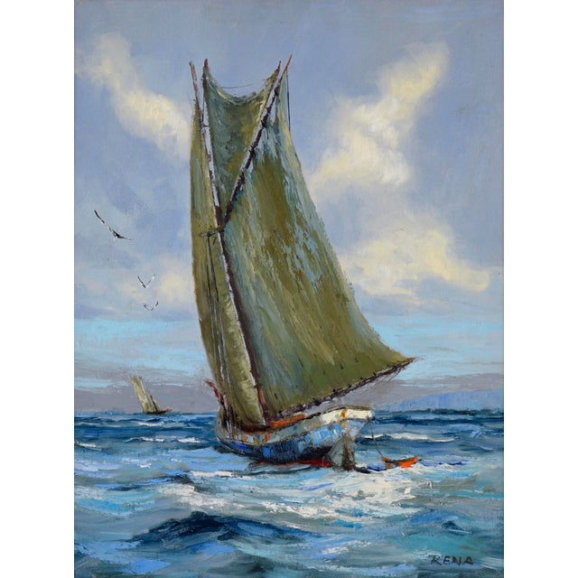 Sloop Headed out to Sea - Seascape in Oil on Canvas Seascape of a sailboat by unknown artist Rena (20th Century). A sloop...