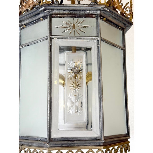 Antique Neoclassical Bronze & Etched Glass Ceiling Lantern For Sale In New York - Image 6 of 11
