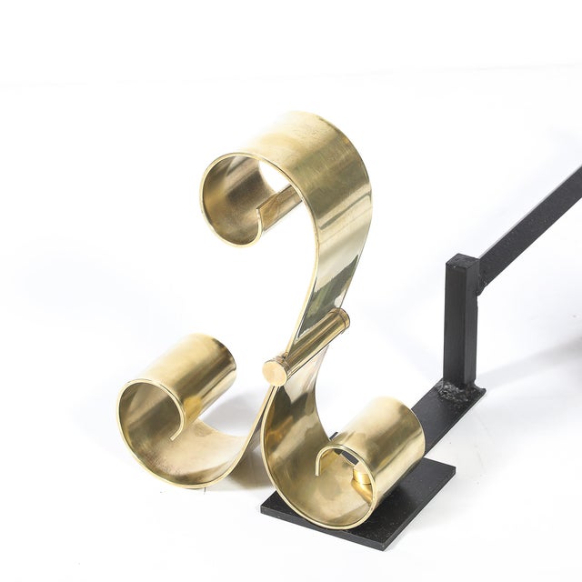 1960s Mid-Century Modernist Scroll Form Andirons in Polished Brass For Sale - Image 5 of 10