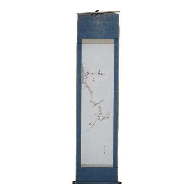 Antique Signed Asian Watercolor on Paper Scroll Bird on Cherry Blossom Branch For Sale