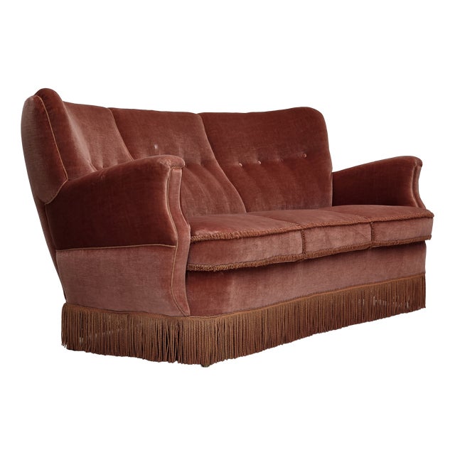 Three-Seater Danish Curved Sofa in Pink Furniture Velour, 1970s For Sale