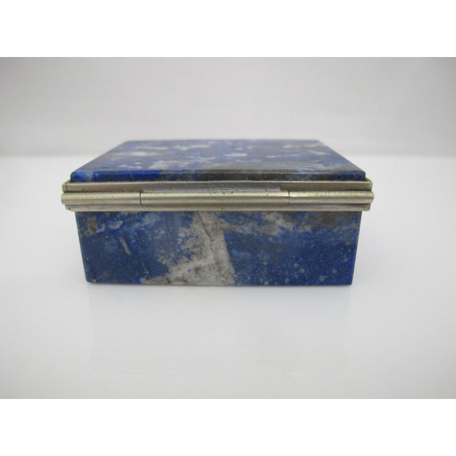 Small Lapis Lazuli Ring Pill Trinket Box With Silver Metal Trim & Hinged Lid For Sale - Image 9 of 9