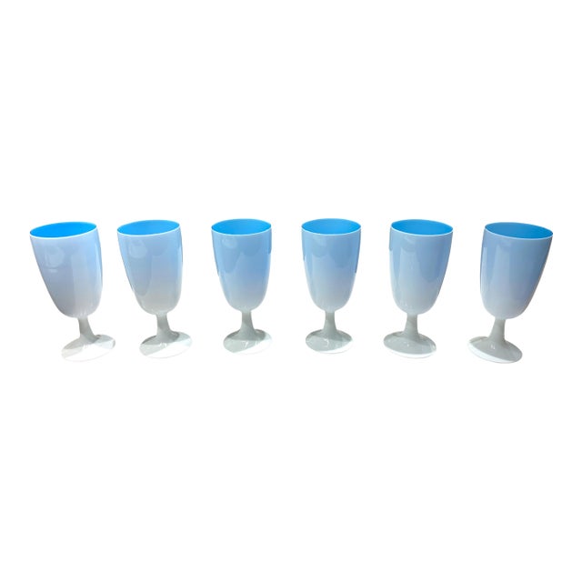 Mid-Century Carlo Moretti Murano Tiffany Blue and White Cased Stemware Wine Goblets/Glasses - Set of 6 For Sale