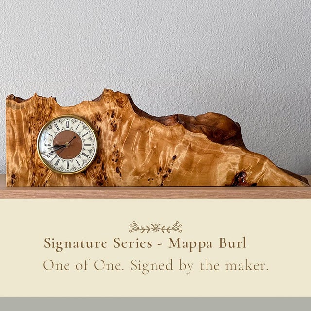 This one-of-a-kind mantel clock is handcrafted from rare Mappa burl, a luminous wood prized for its swirling grain and...