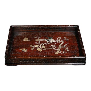 Wooden Tea Tray With Mother-of-Pearl Bird and Landscape Inlay For Sale
